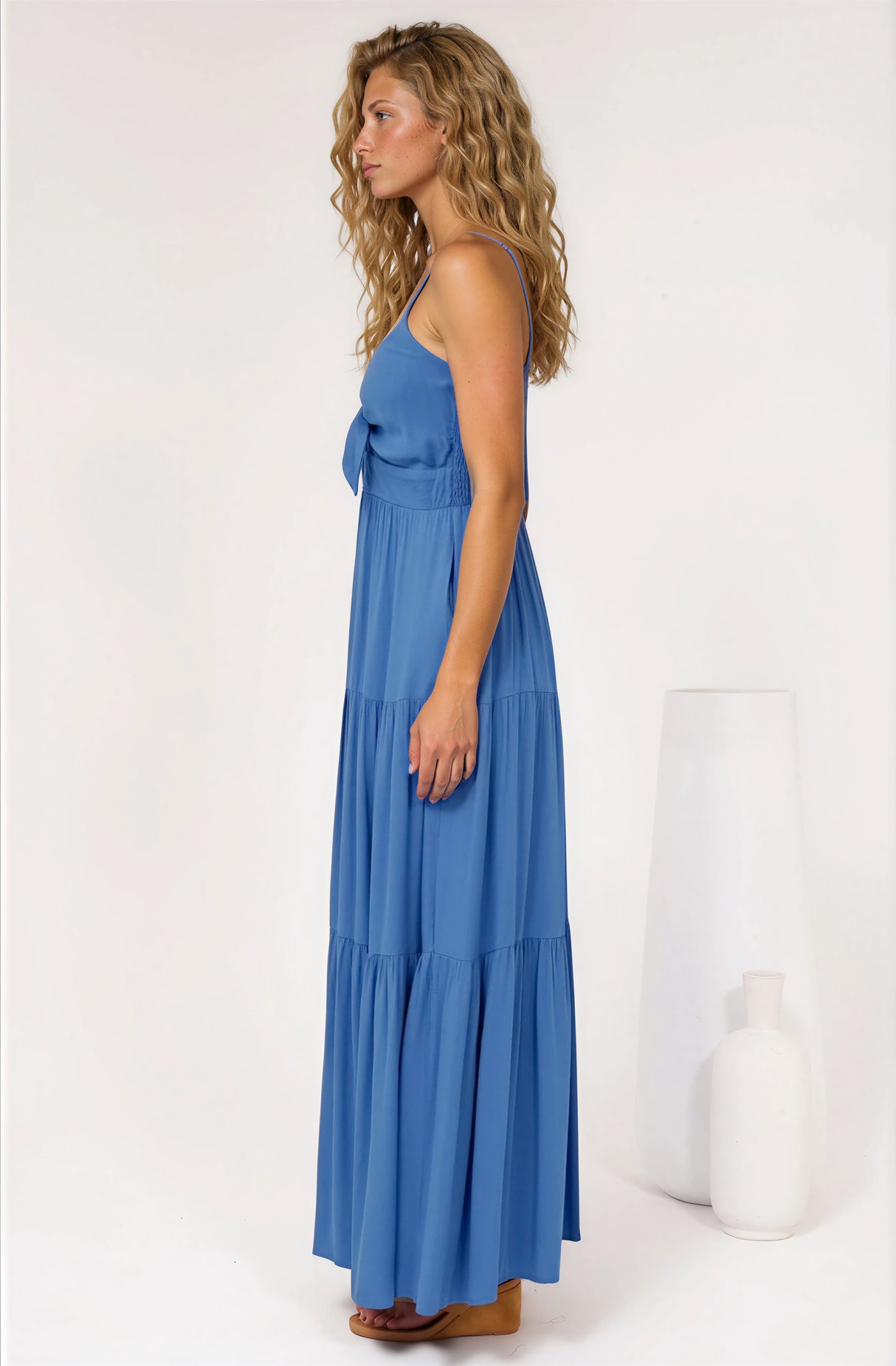 Constantine Maxi Dress - Bow Tie Bust Tiered Sun Dress with Pockets in Blue