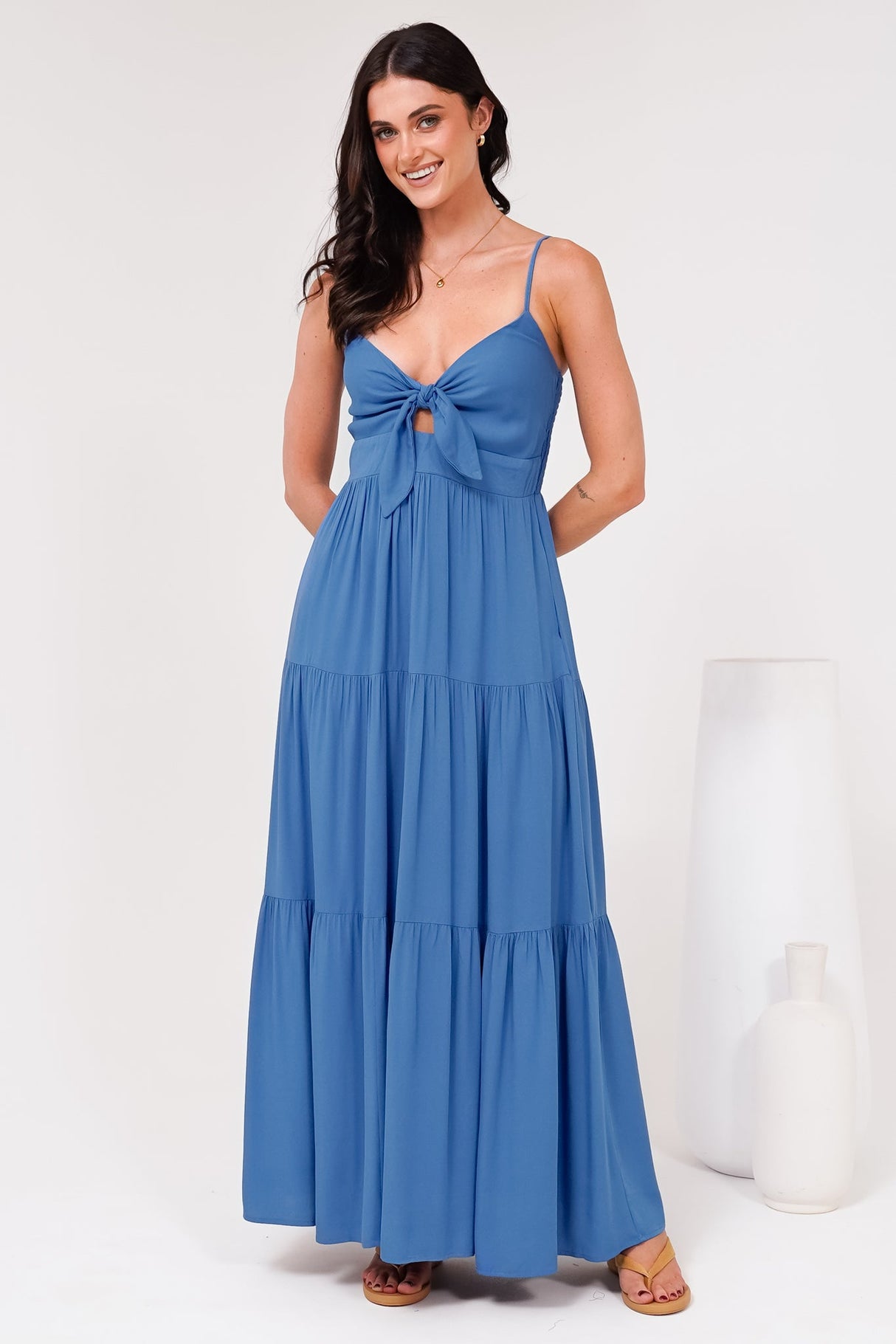 Constantine Maxi Dress - Bow Tie Bust Tiered Sun Dress with Pockets in Blue