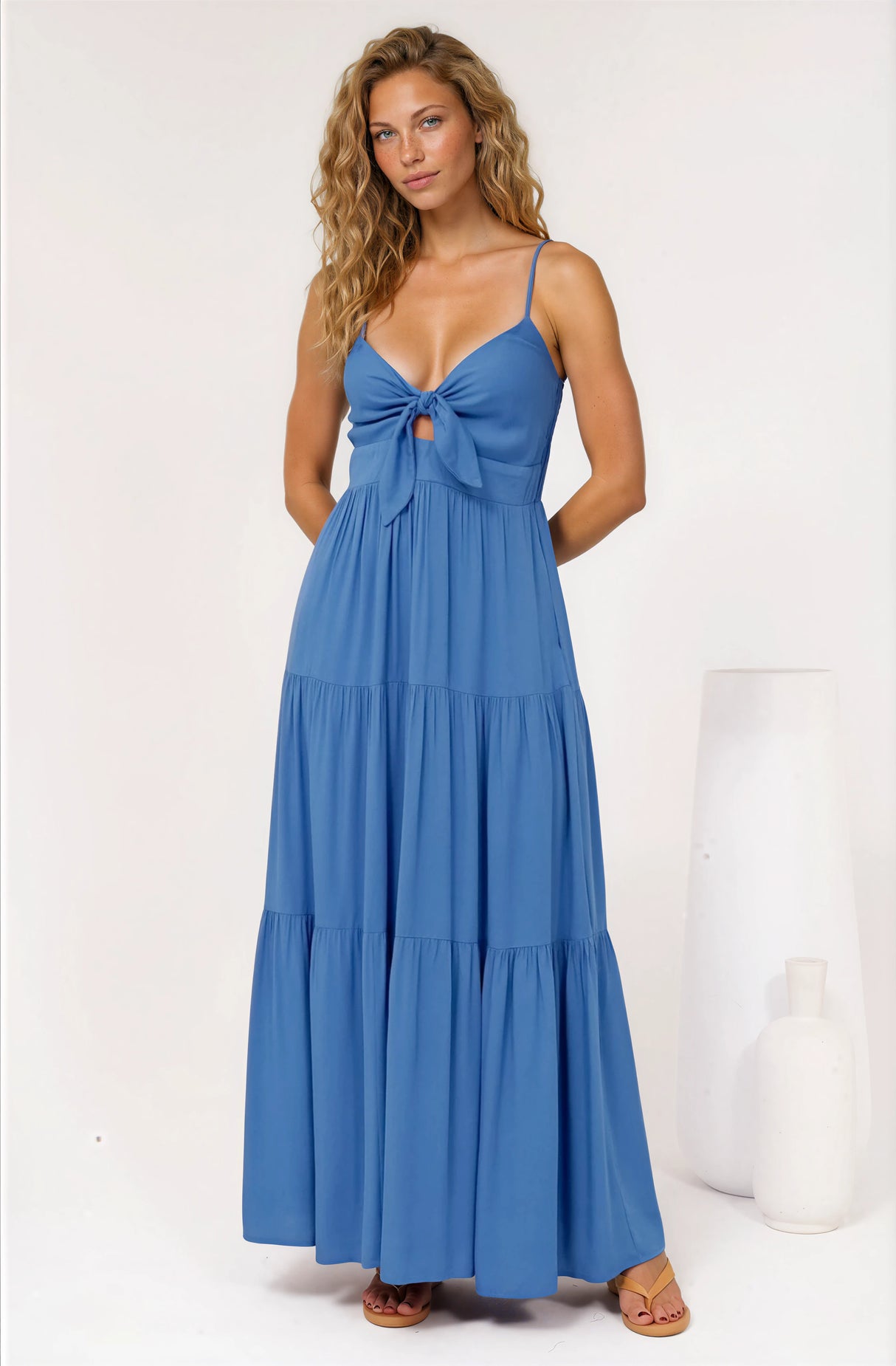 Constantine Maxi Dress - Bow Tie Bust Tiered Sun Dress with Pockets in Blue