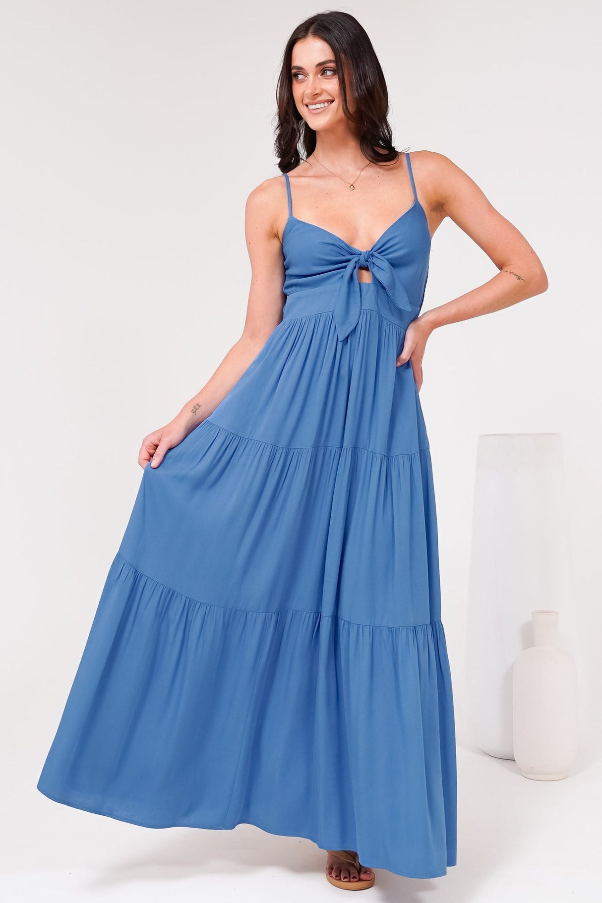 Constantine Maxi Dress - Bow Tie Bust Tiered Sun Dress with Pockets in Blue