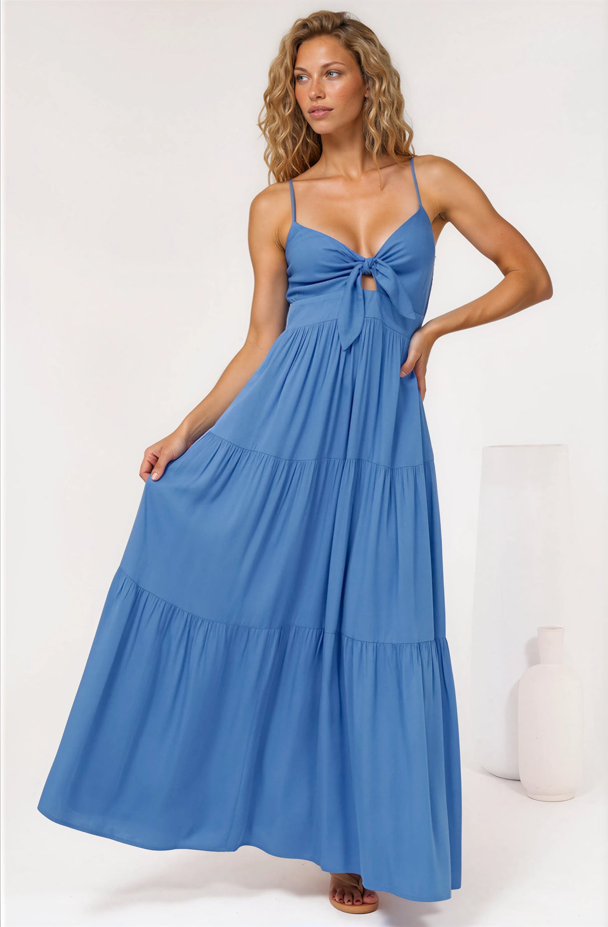 Constantine Maxi Dress - Bow Tie Bust Tiered Sun Dress with Pockets in Blue