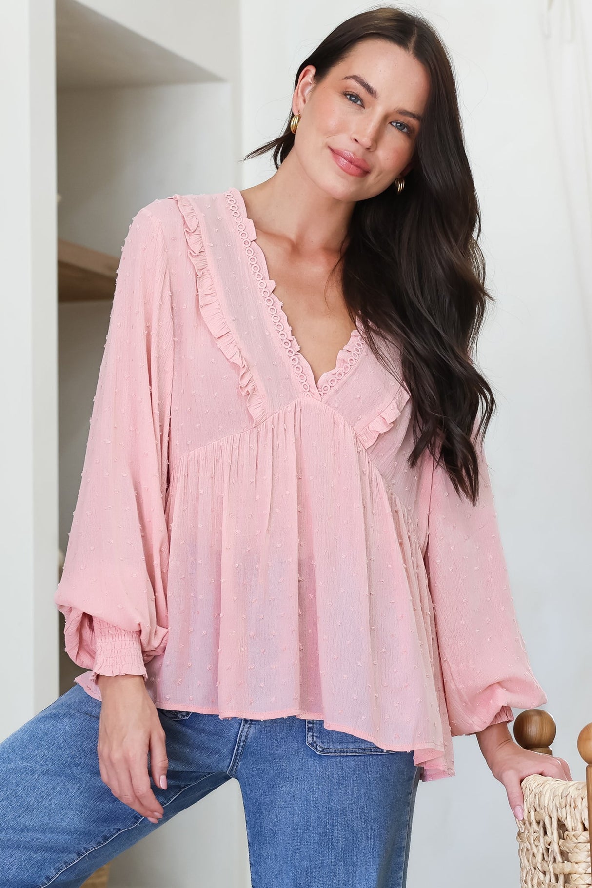 Coral Top - Frill Neckline Empire Bustline Textured Top with Long Balloon Sleeves in Blush