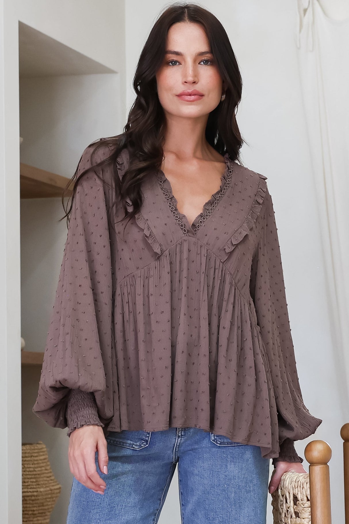 Coral Top - Frill Neckline Empire Bustline Textured Top with Long Balloon Sleeves in Chocolate