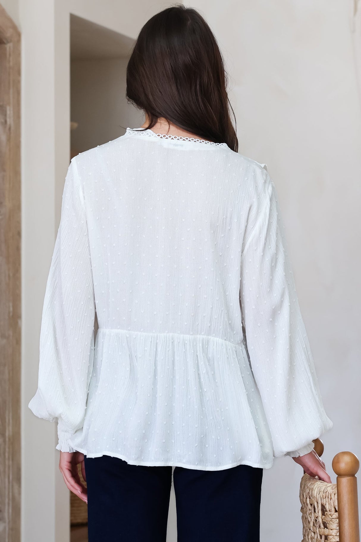 Coral Top - Frill Neckline Empire Bustline Textured Top with Long Balloon Sleeves in White