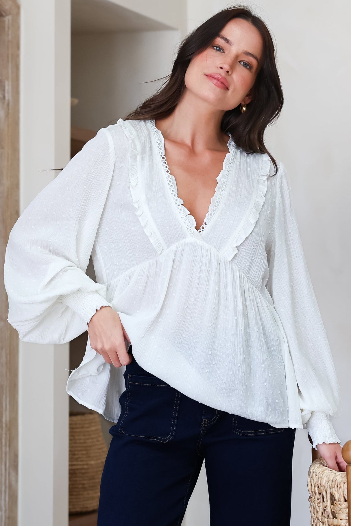 Coral Top - Frill Neckline Empire Bustline Textured Top with Long Balloon Sleeves in White