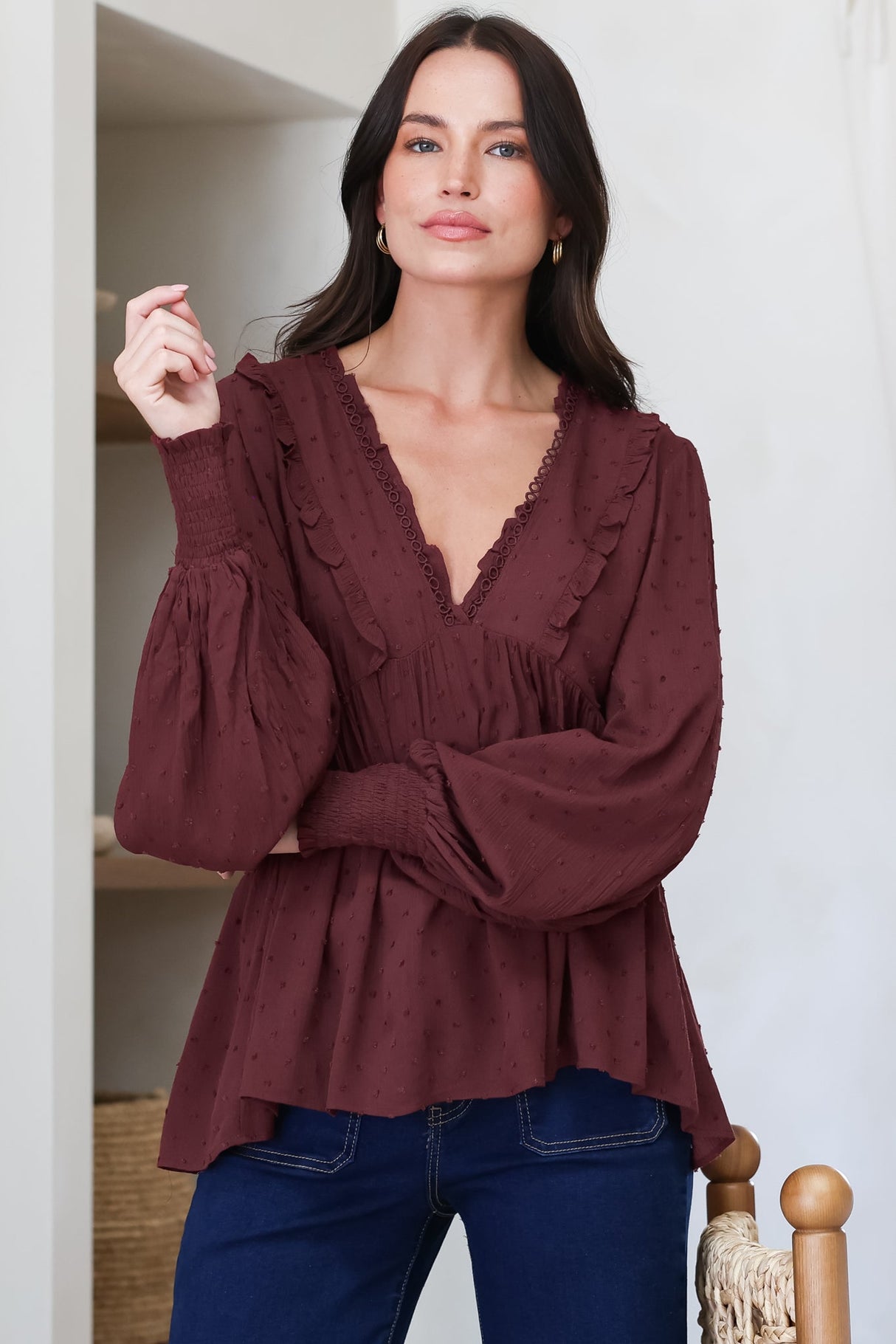 Coral Top - Frill Neckline Empire Bustline Textured Top with Long Balloon Sleeves in Wine