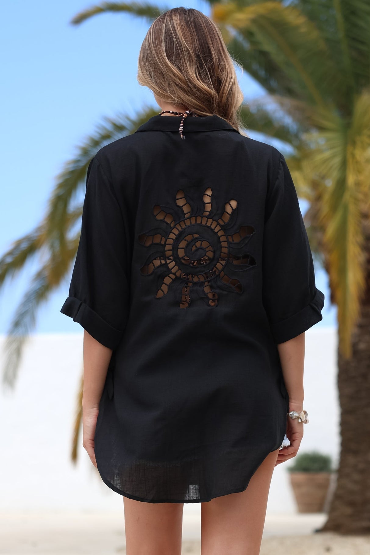 Corina Shirt - Relaxed Button Down Shirt with Sun Hollow-Out Back Decal in Black