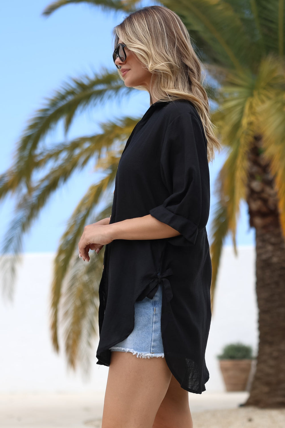 Corina Shirt - Relaxed Button Down Shirt with Sun Hollow-Out Back Decal in Black