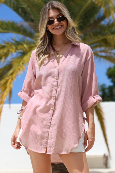 Corina Shirt - Relaxed Button Down Shirt with Sun Hollow-Out Back Decal in Blush