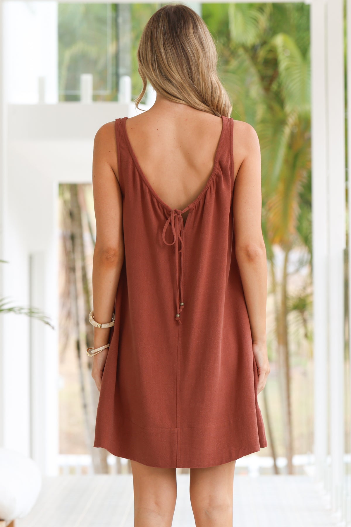 Corvina Mini Dress - Round Neck Swing Dress with Low Back Tie Detail in Terracotta