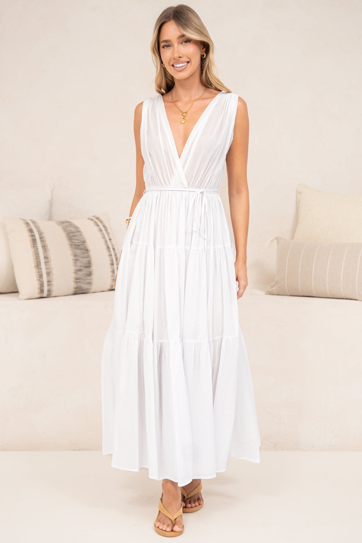 Cosette Maxi Dress - Deep Wrap Front V Neck and Back Tiered Dress with Waist Tie in White
