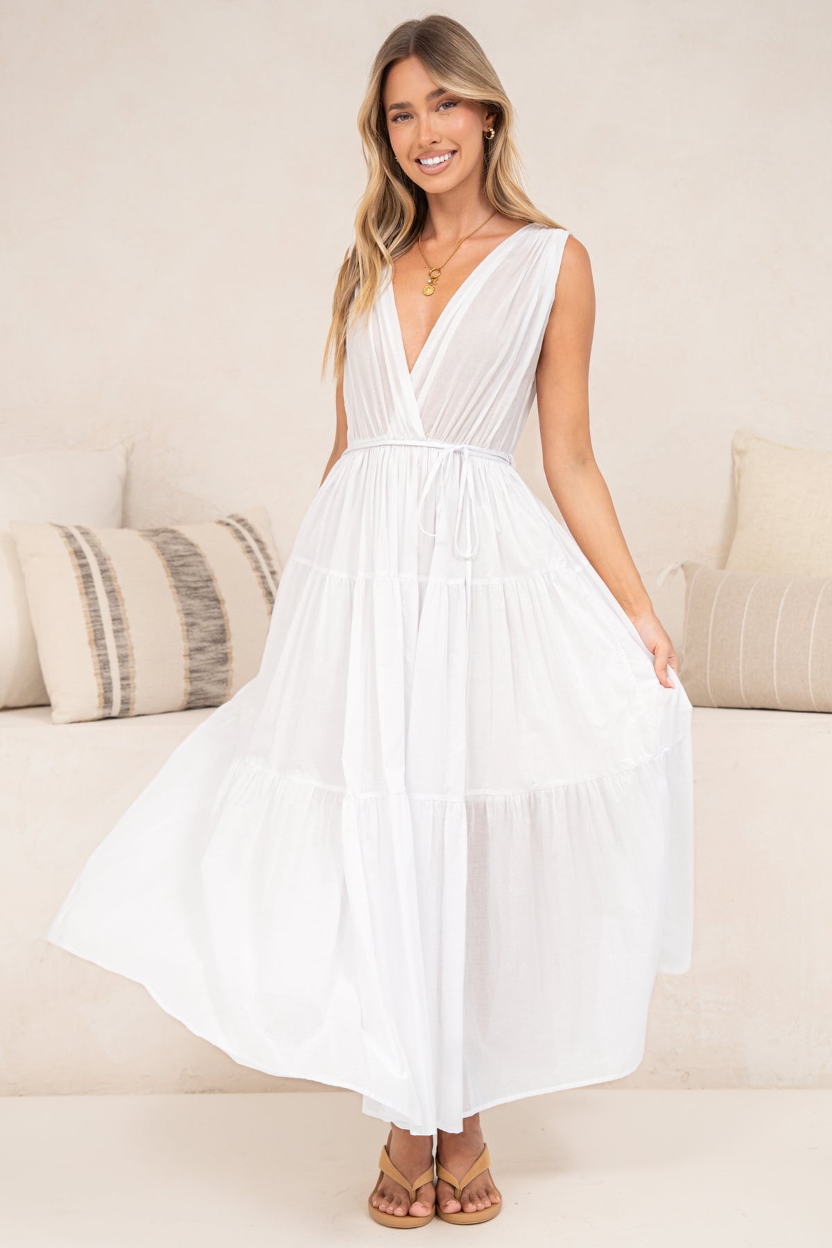 Cosette Maxi Dress - Deep Wrap Front V Neck and Back Tiered Dress with Waist Tie in White