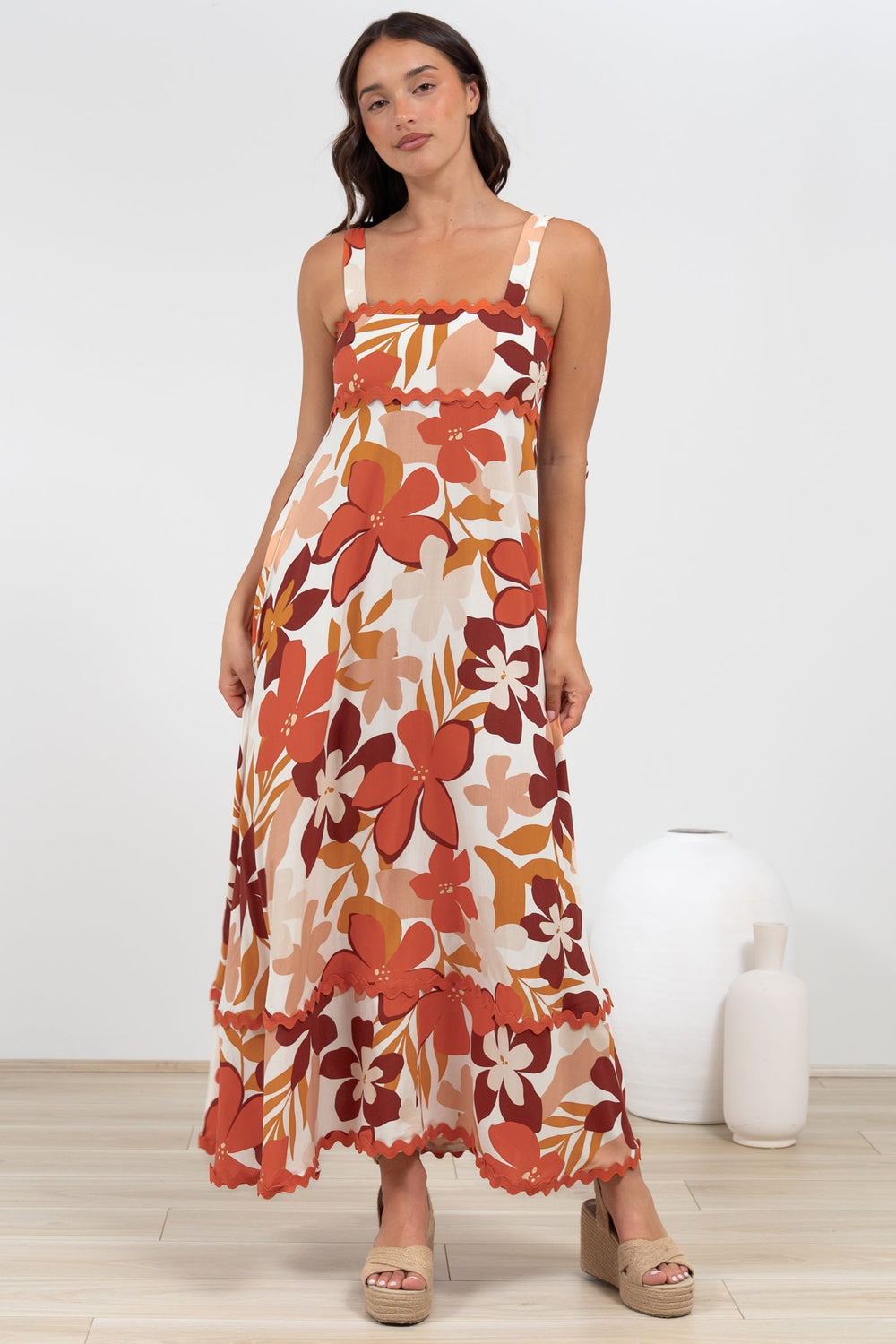 Costa Maxi Dress - Tie Up Strap Tiered Dress with Ric Rac Splicing in Tangie Print