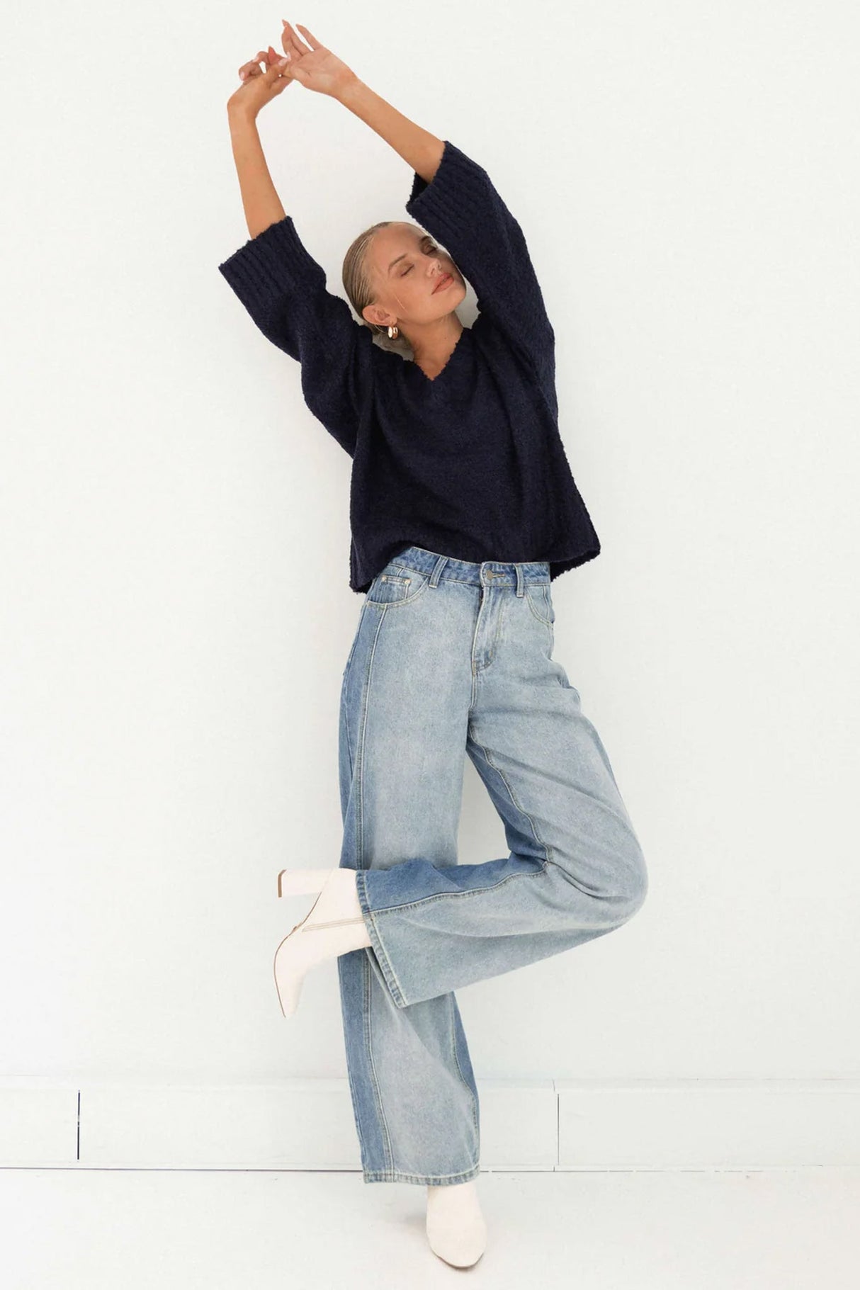 Covie Jumper - V Neck Long Sleeve Textured Knit Jumper in Navy