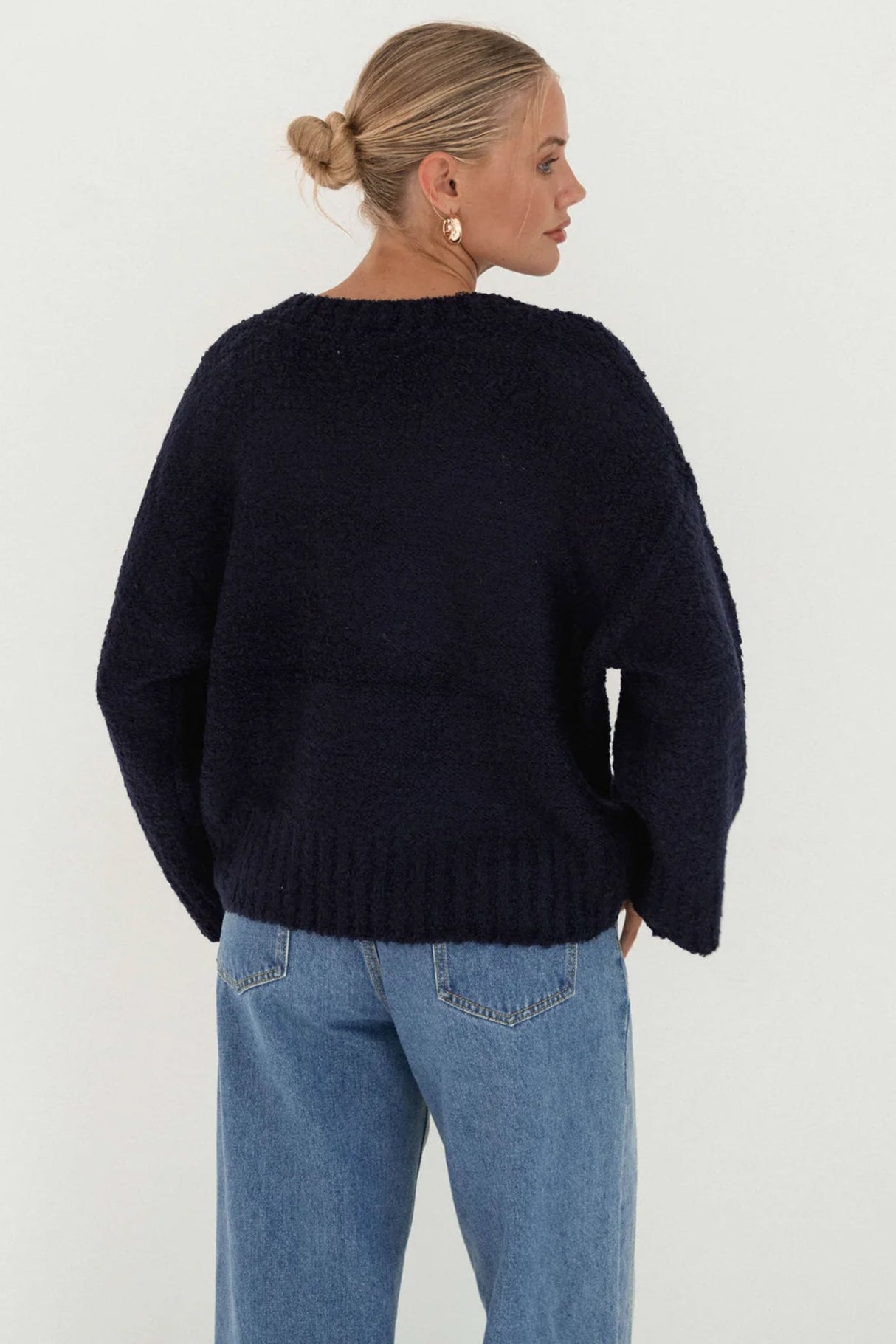 Covie Jumper - V Neck Long Sleeve Textured Knit Jumper in Navy