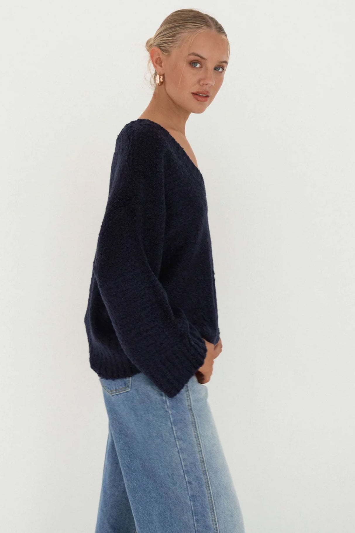 Covie Jumper - V Neck Long Sleeve Textured Knit Jumper in Navy