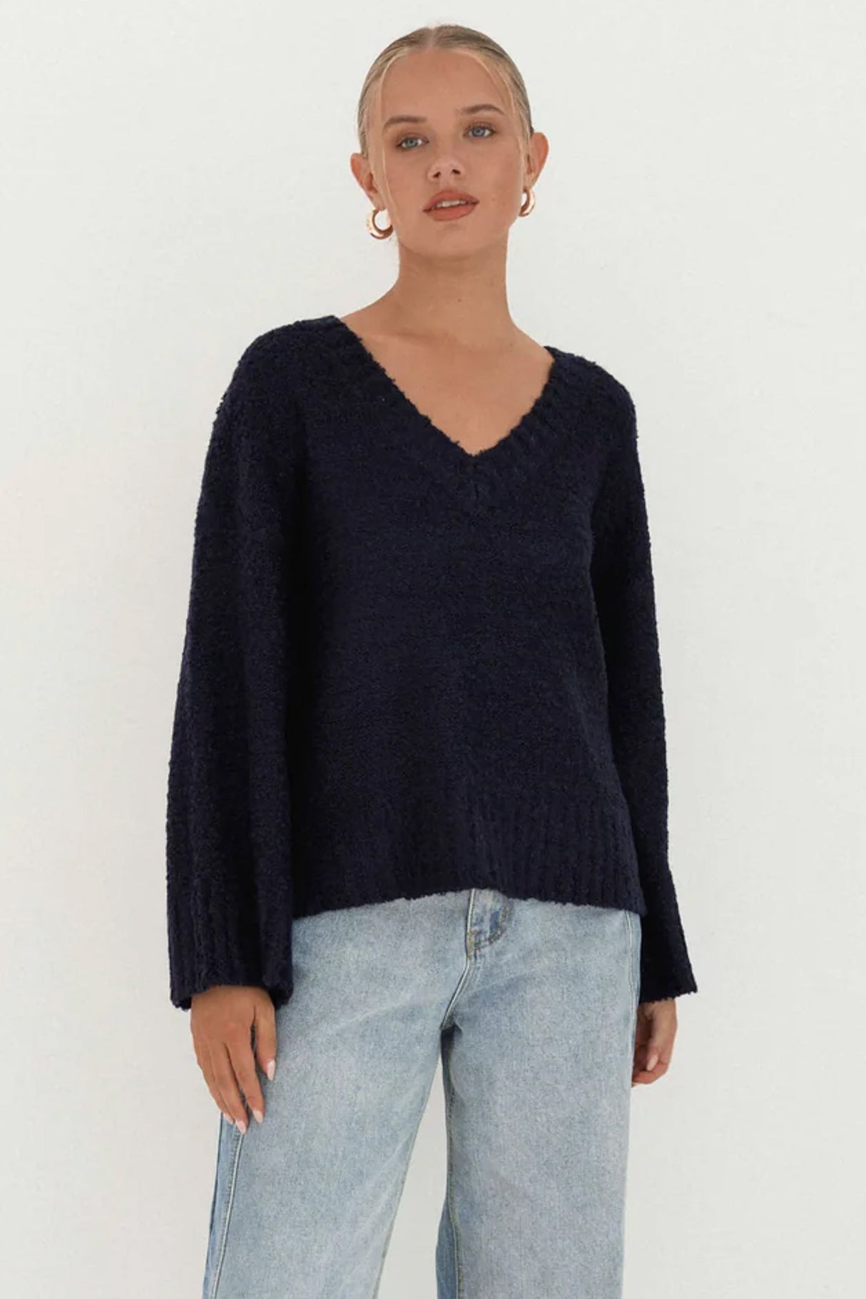 Covie Jumper - V Neck Long Sleeve Textured Knit Jumper in Navy