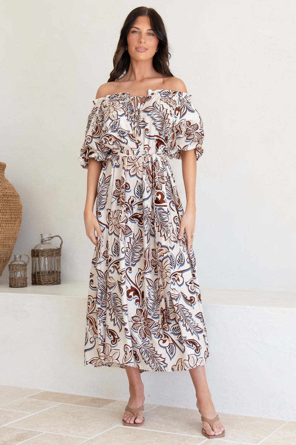 Criselda Maxi Dress - On or Off Shoulder Ballon Sleeve Dress in Palermo Print