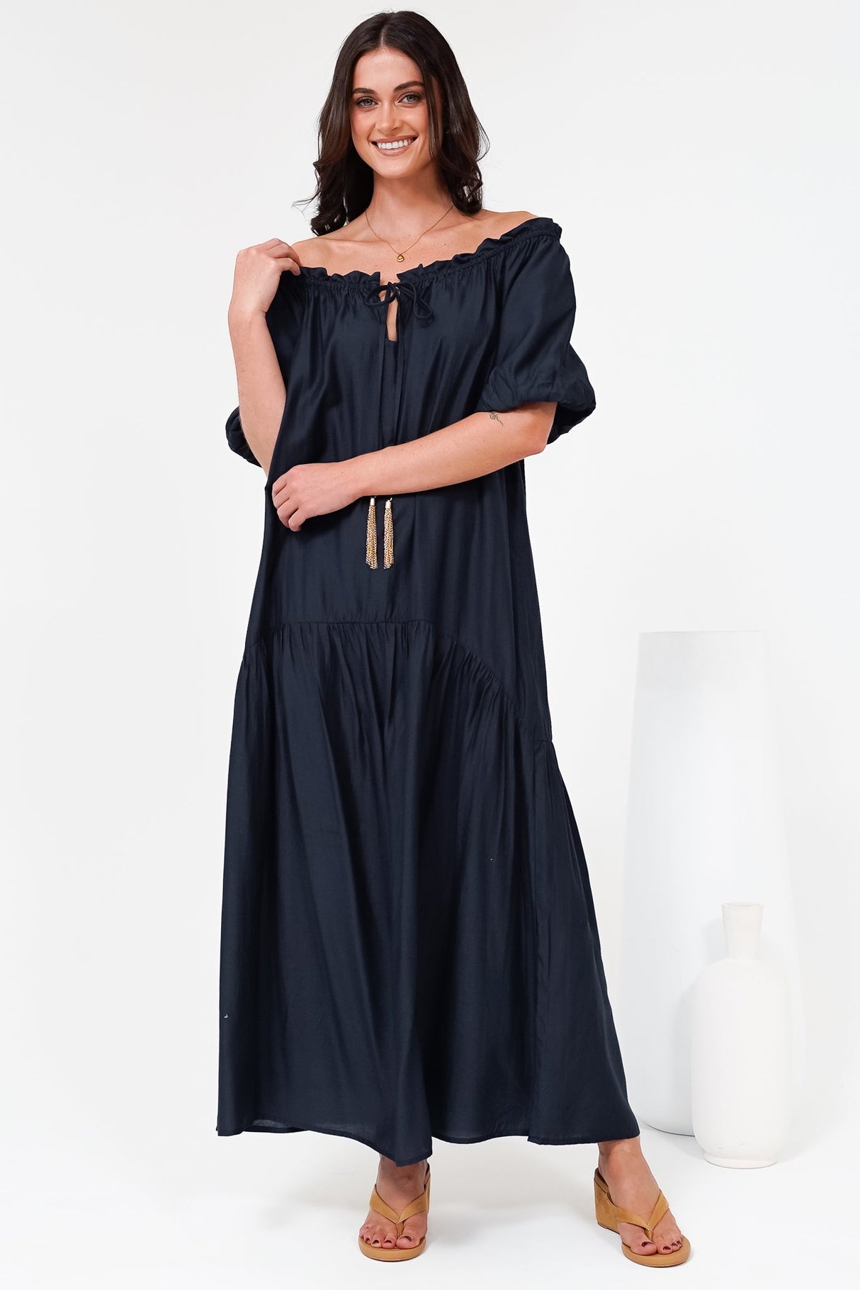 Cristina Maxi Dress - On or Off Shoulder Tiered Shift Dress with Neck Tie Detail in Navy