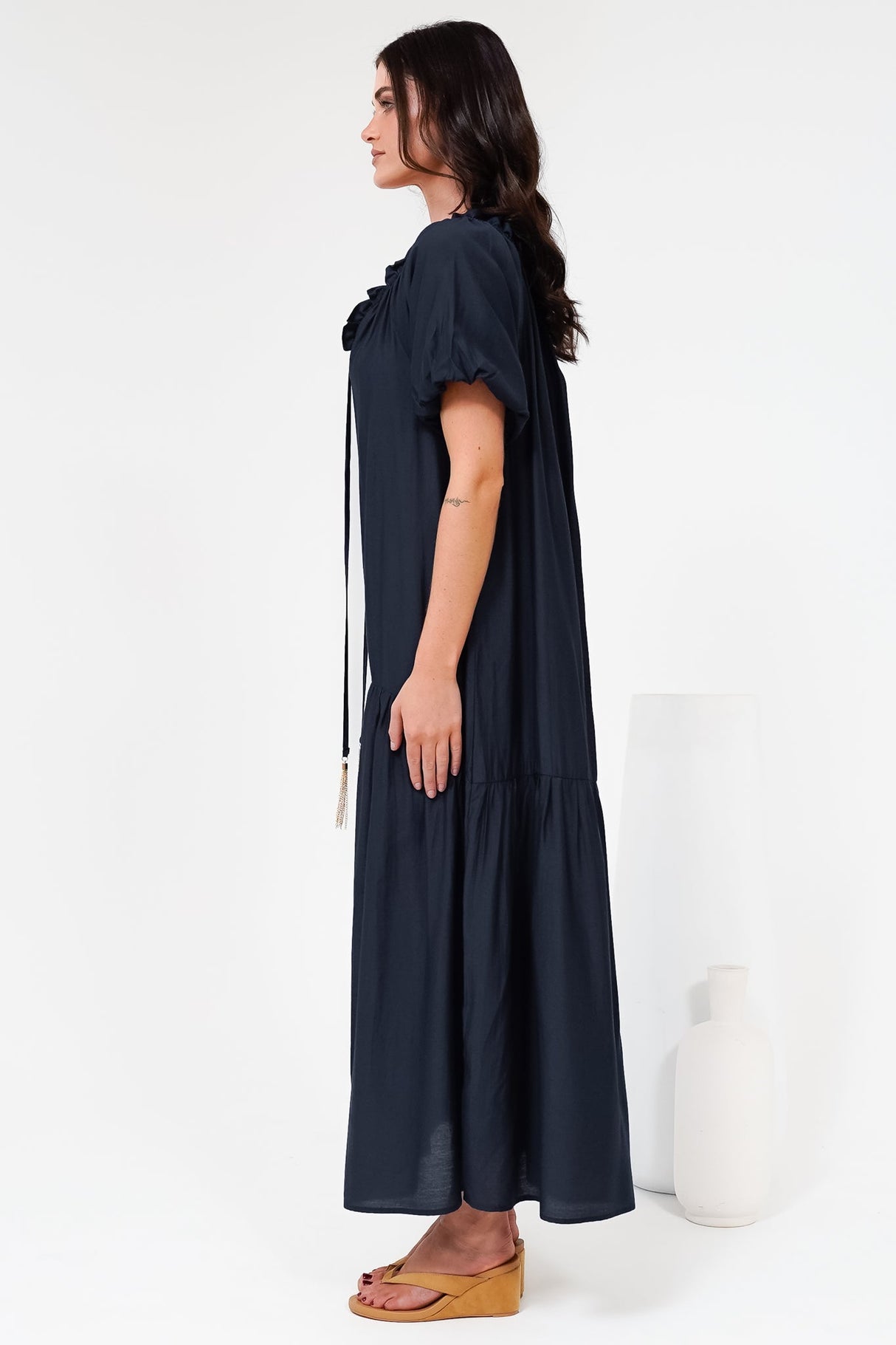 Cristina Maxi Dress - On or Off Shoulder Tiered Shift Dress with Neck Tie Detail in Navy