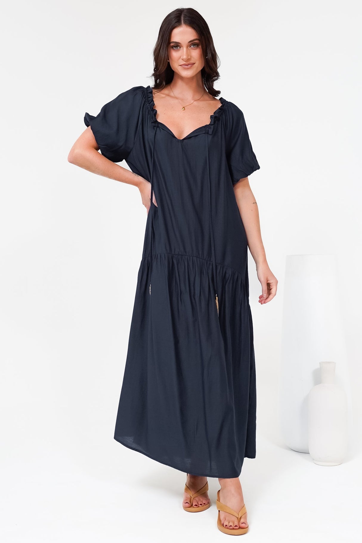 Cristina Maxi Dress - On or Off Shoulder Tiered Shift Dress with Neck Tie Detail in Navy
