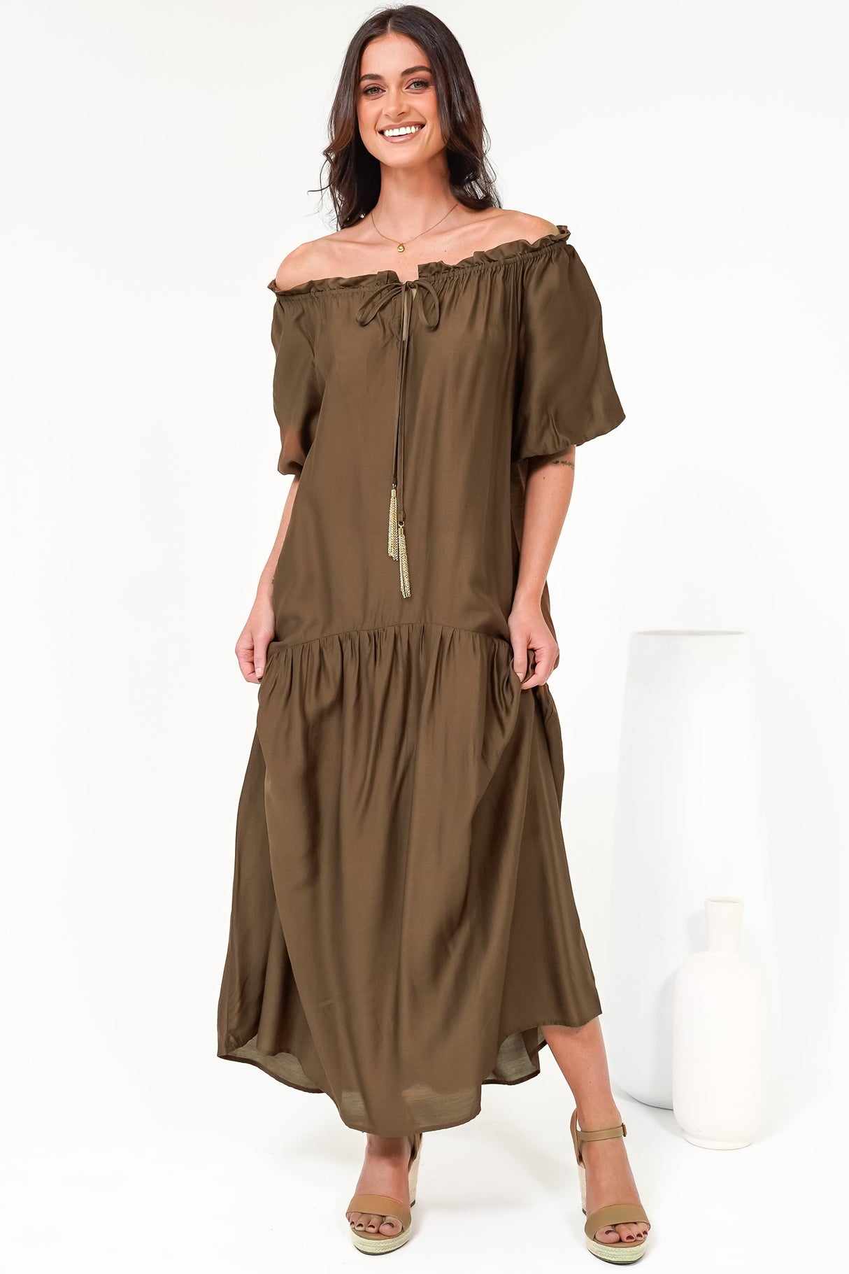 Cristina Maxi Dress - On or Off Shoulder Tiered Shift Dress with Neck Tie Detail in Tan