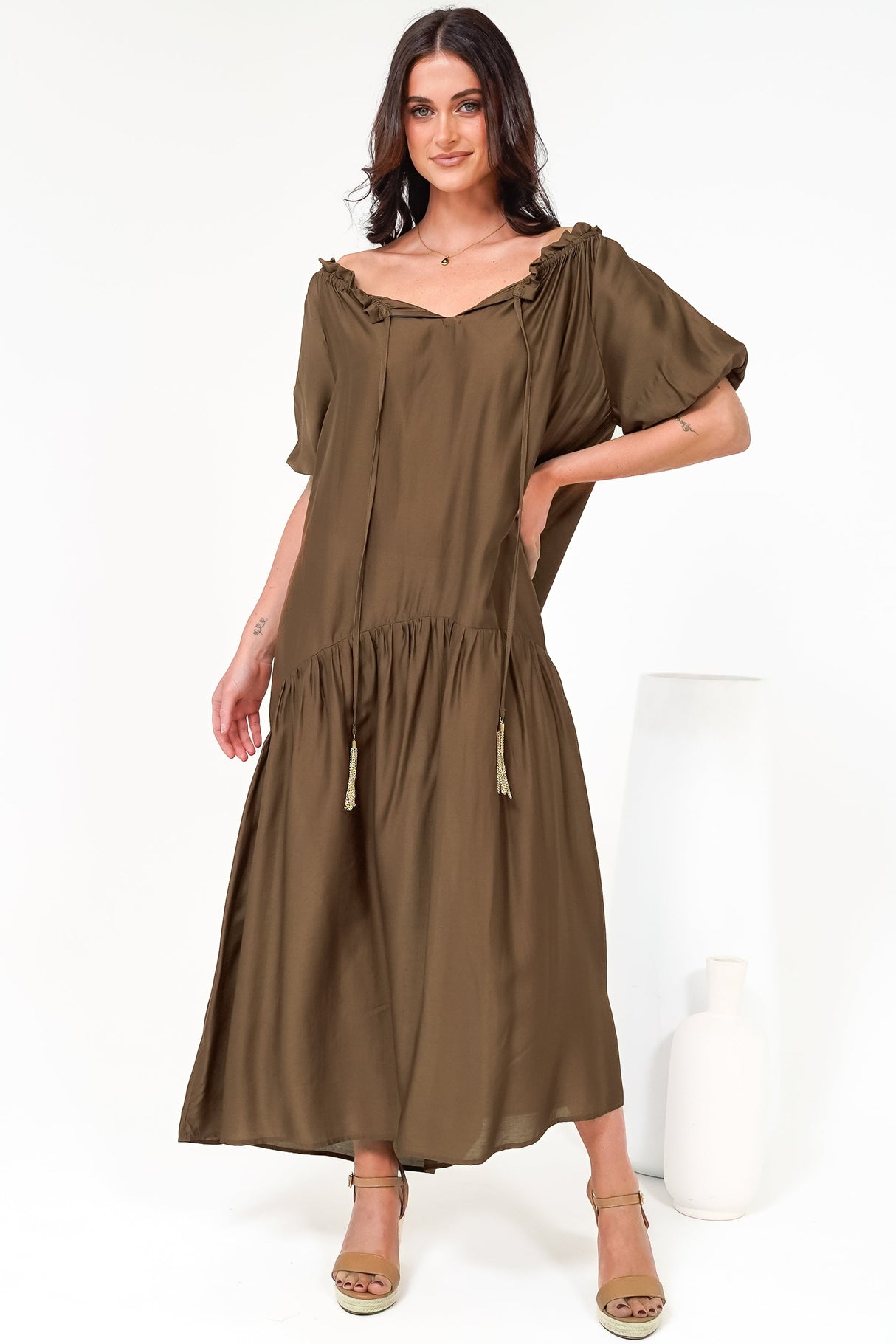 Cristina Maxi Dress - On or Off Shoulder Tiered Shift Dress with Neck Tie Detail in Tan