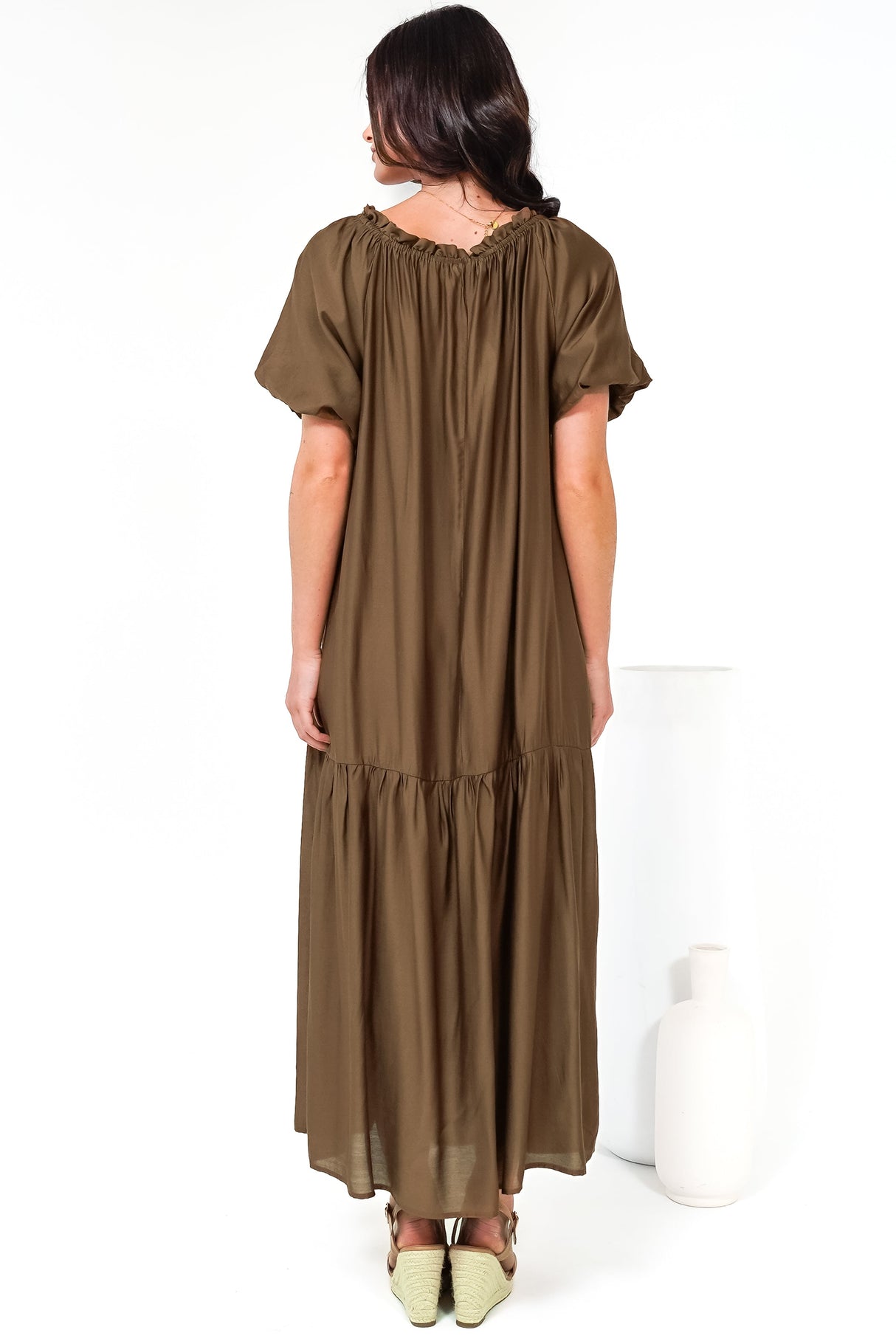 Cristina Maxi Dress - On or Off Shoulder Tiered Shift Dress with Neck Tie Detail in Tan