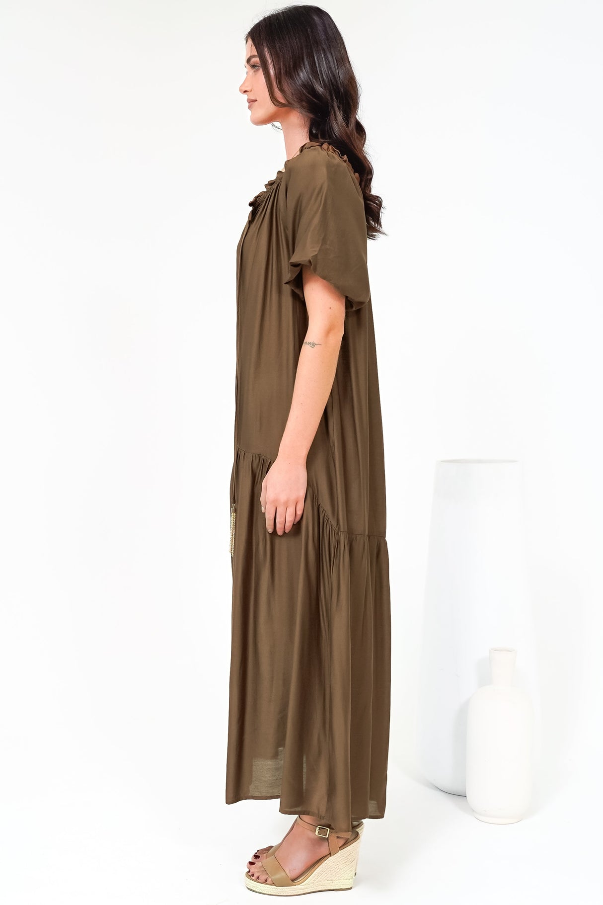 Cristina Maxi Dress - On or Off Shoulder Tiered Shift Dress with Neck Tie Detail in Tan