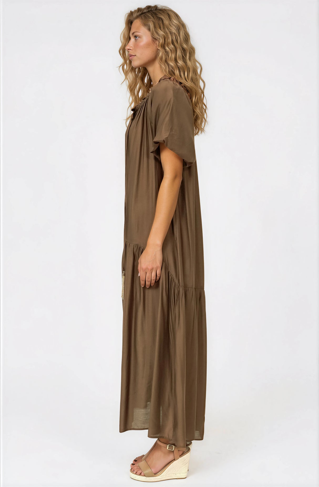 Cristina Maxi Dress - On or Off Shoulder Tiered Shift Dress with Neck Tie Detail in Tan