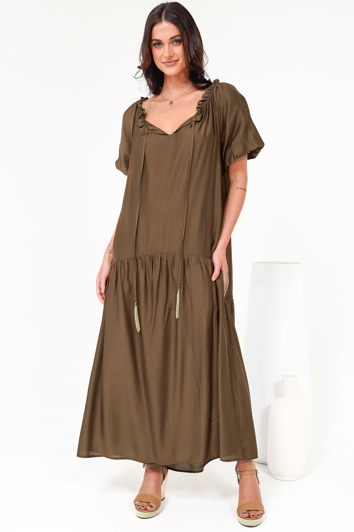 Cristina Maxi Dress - On or Off Shoulder Tiered Shift Dress with Neck Tie Detail in Tan