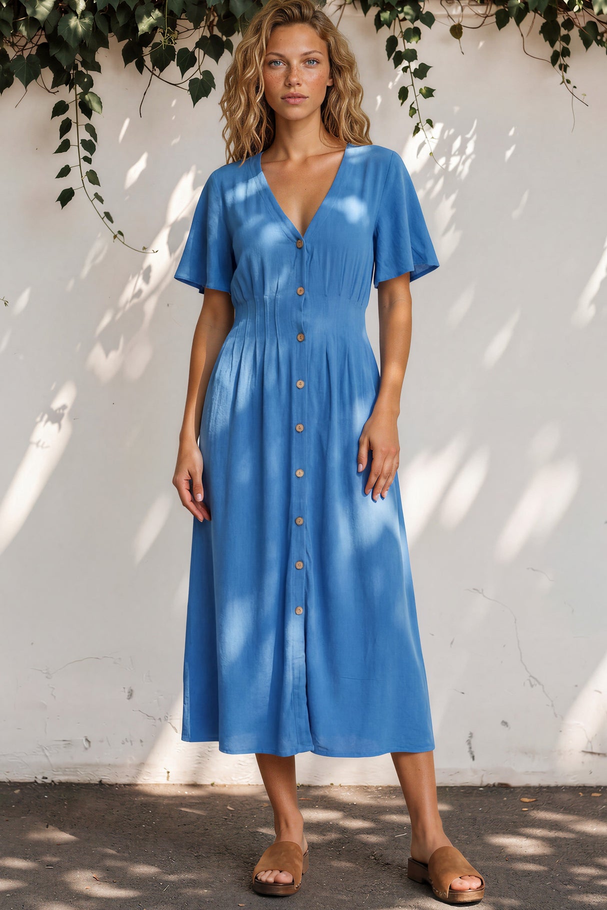 Woman wearing a blue dress standing against a white wall with greenery.