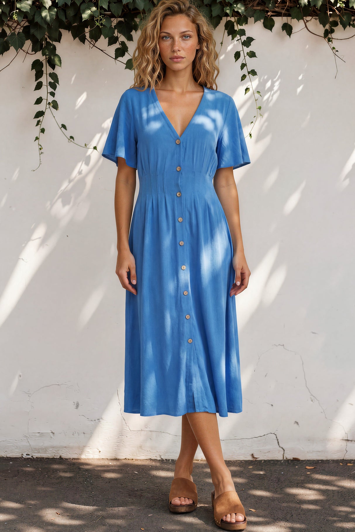 Woman wearing a blue dress standing against a white wall with greenery.