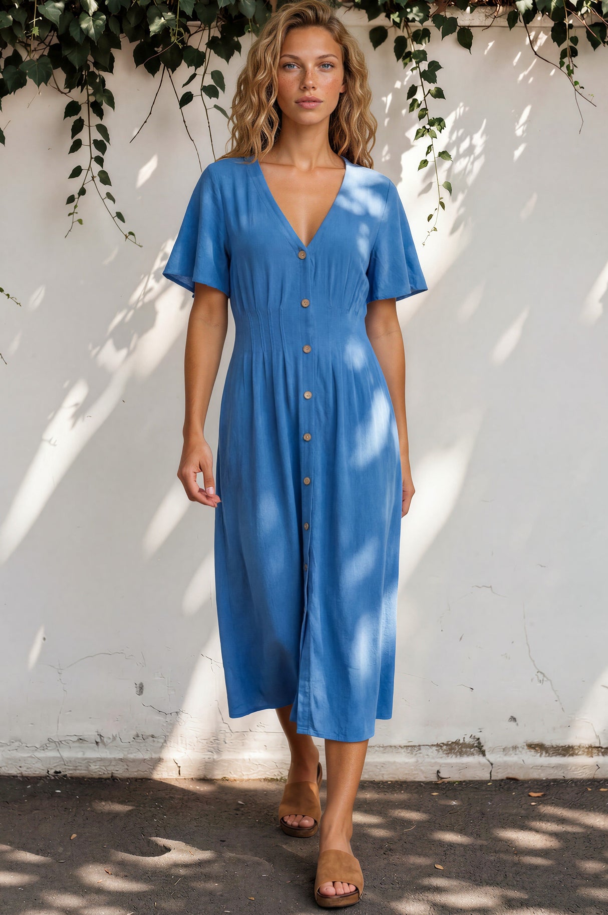 Woman wearing a blue dress standing against a white wall with greenery.