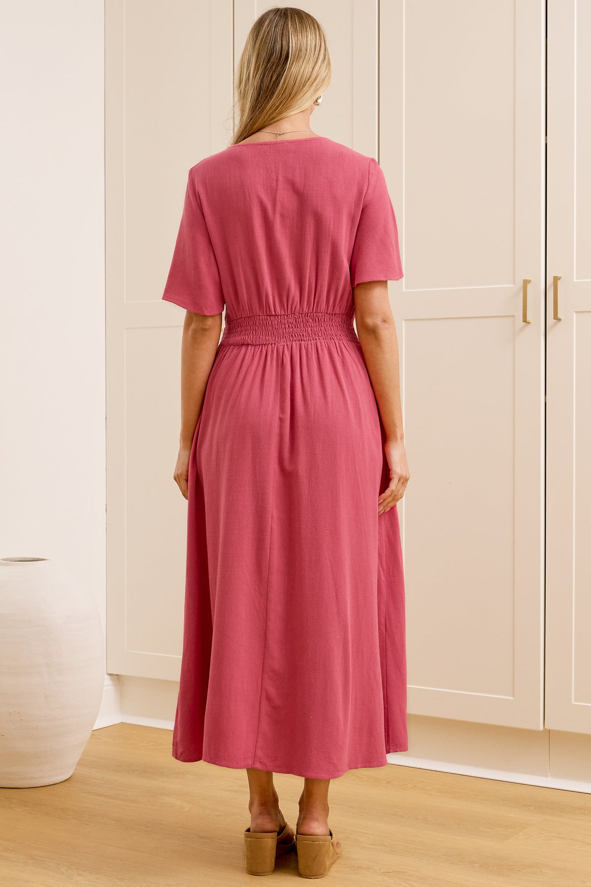 Cyan Midi Dress - V Neckline Dress in Wine