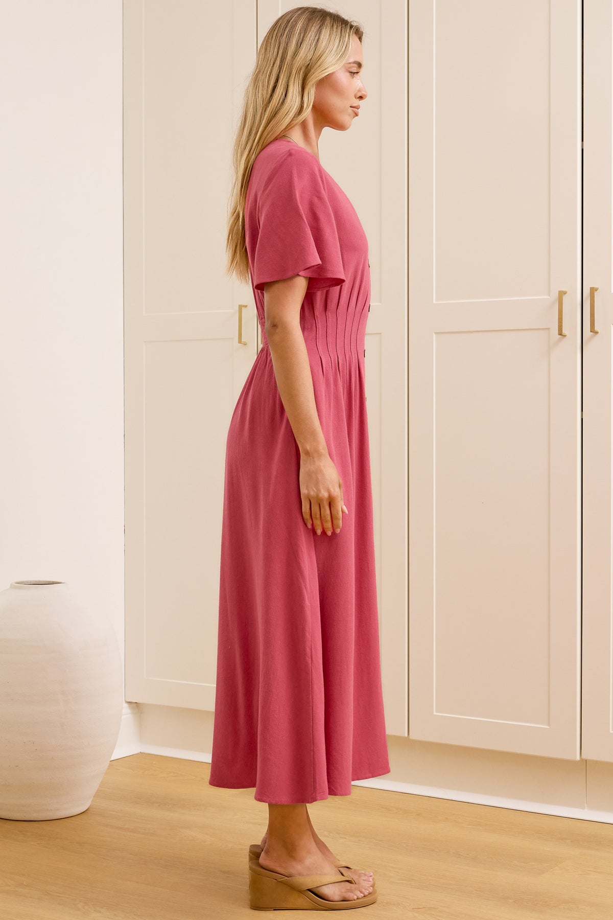 Cyan Midi Dress - V Neckline Dress in Wine