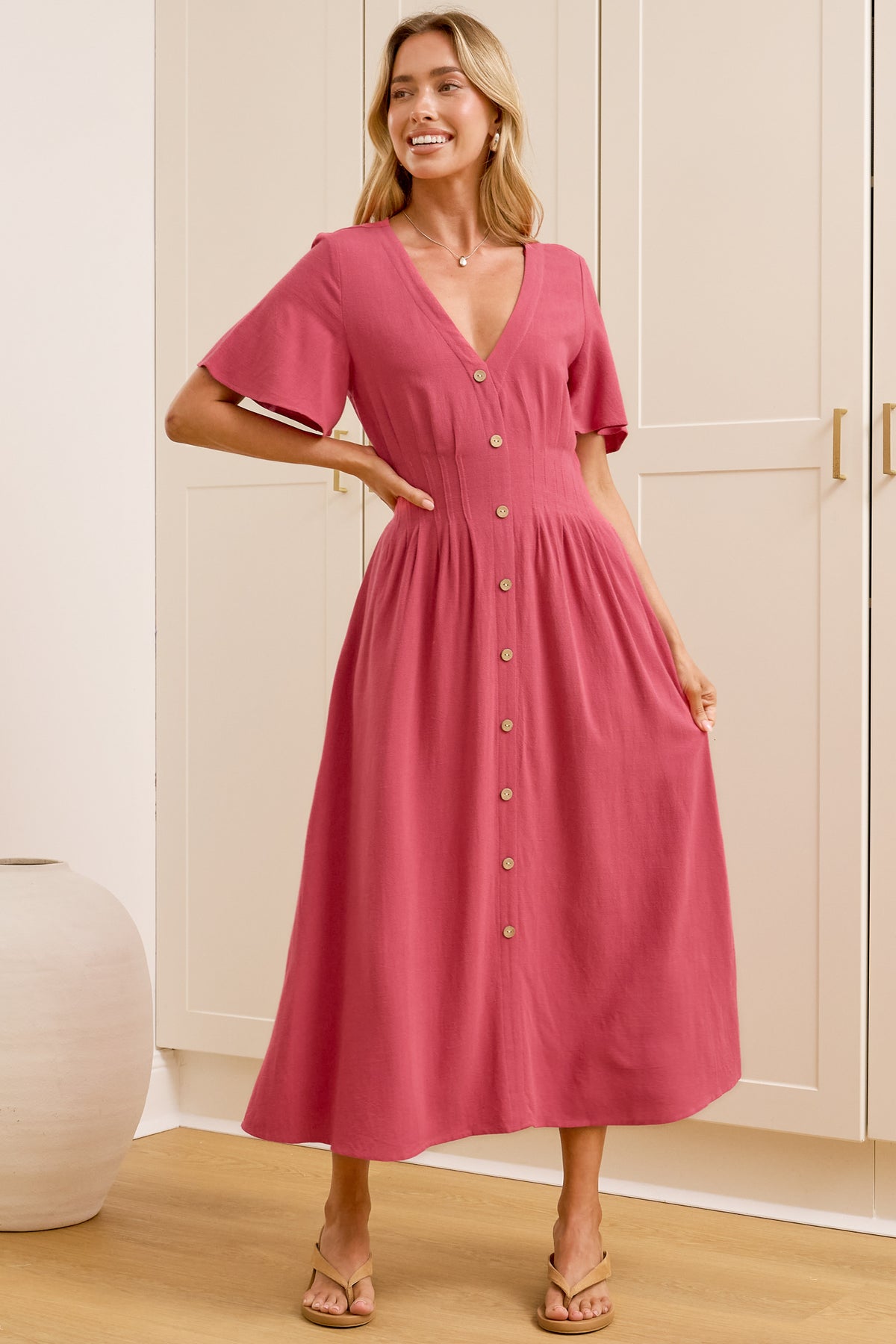 Cyan Midi Dress - V Neckline Dress in Wine