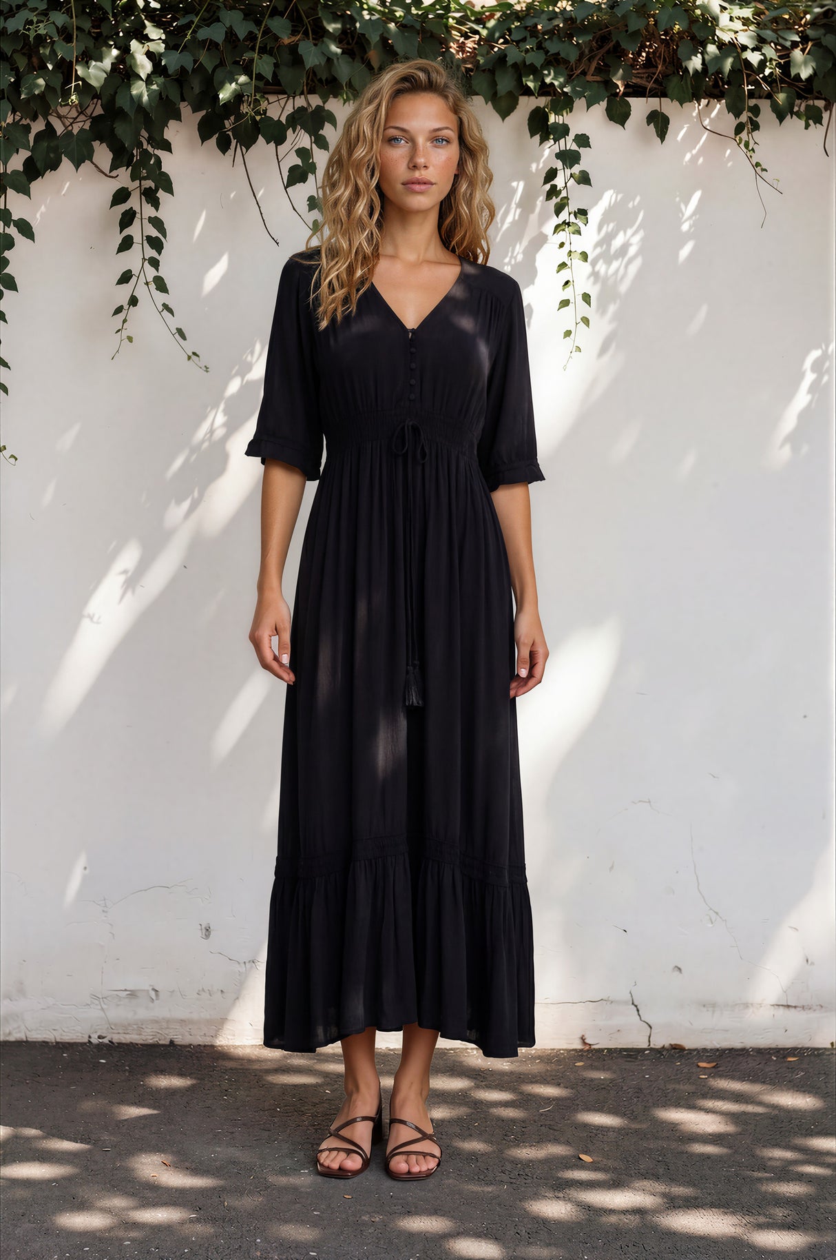 Kiaba Maxi Dress - V-Neck Buttoned Bodice 3/4 Sleeve A-Line Dress with Lace Inserts in Black