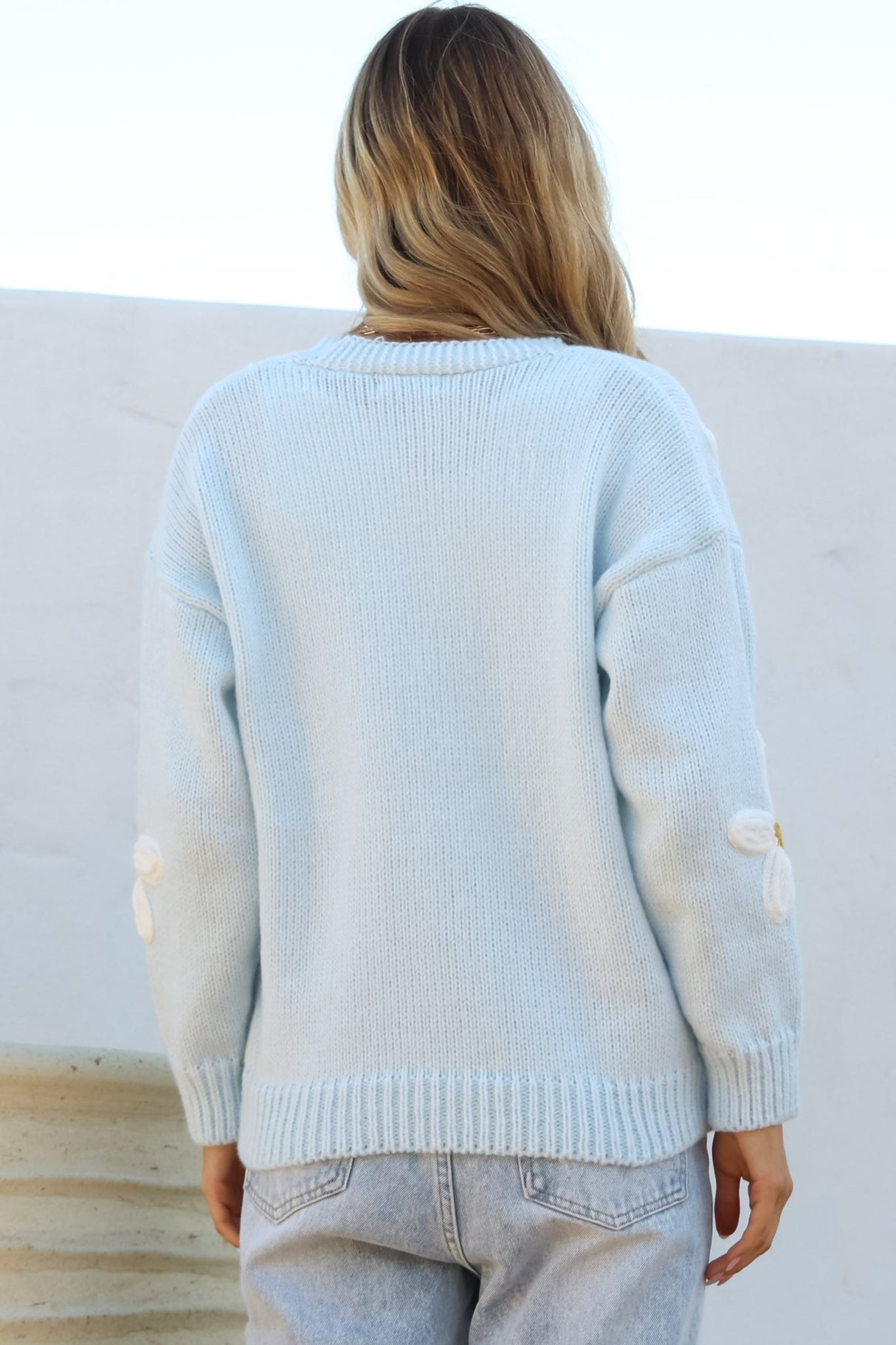 Daisy Belle Cardigan - Cropped Thick Knit Cardigan with Flower Decals in Baby Blue