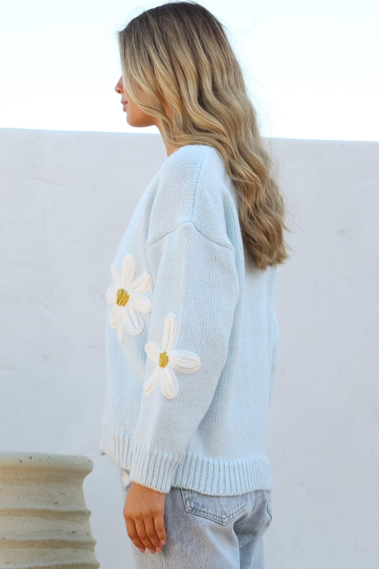 Daisy Belle Cardigan - Cropped Thick Knit Cardigan with Flower Decals in Baby Blue