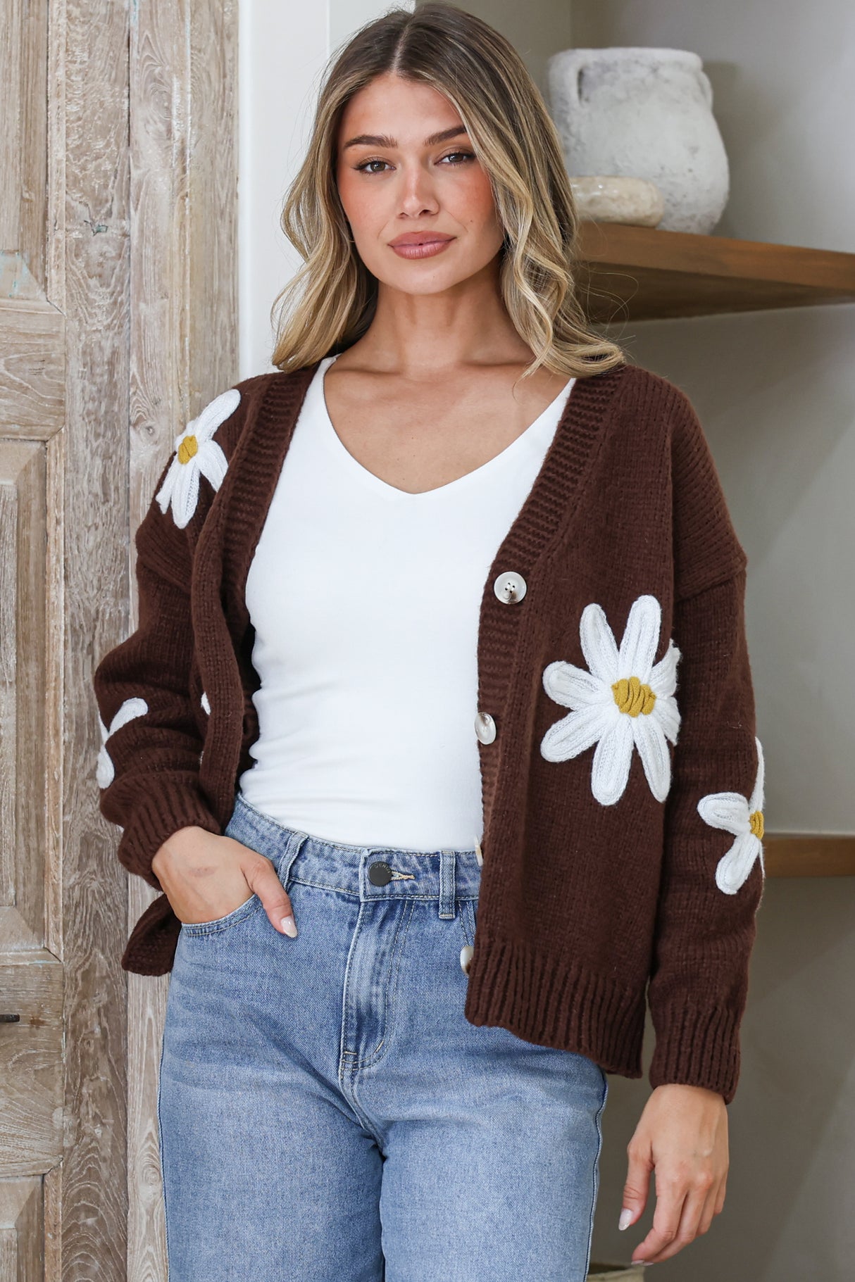 Daisy Belle Cardigan - Cropped Thick Knit Cardigan with Flower Decals in Coffee
