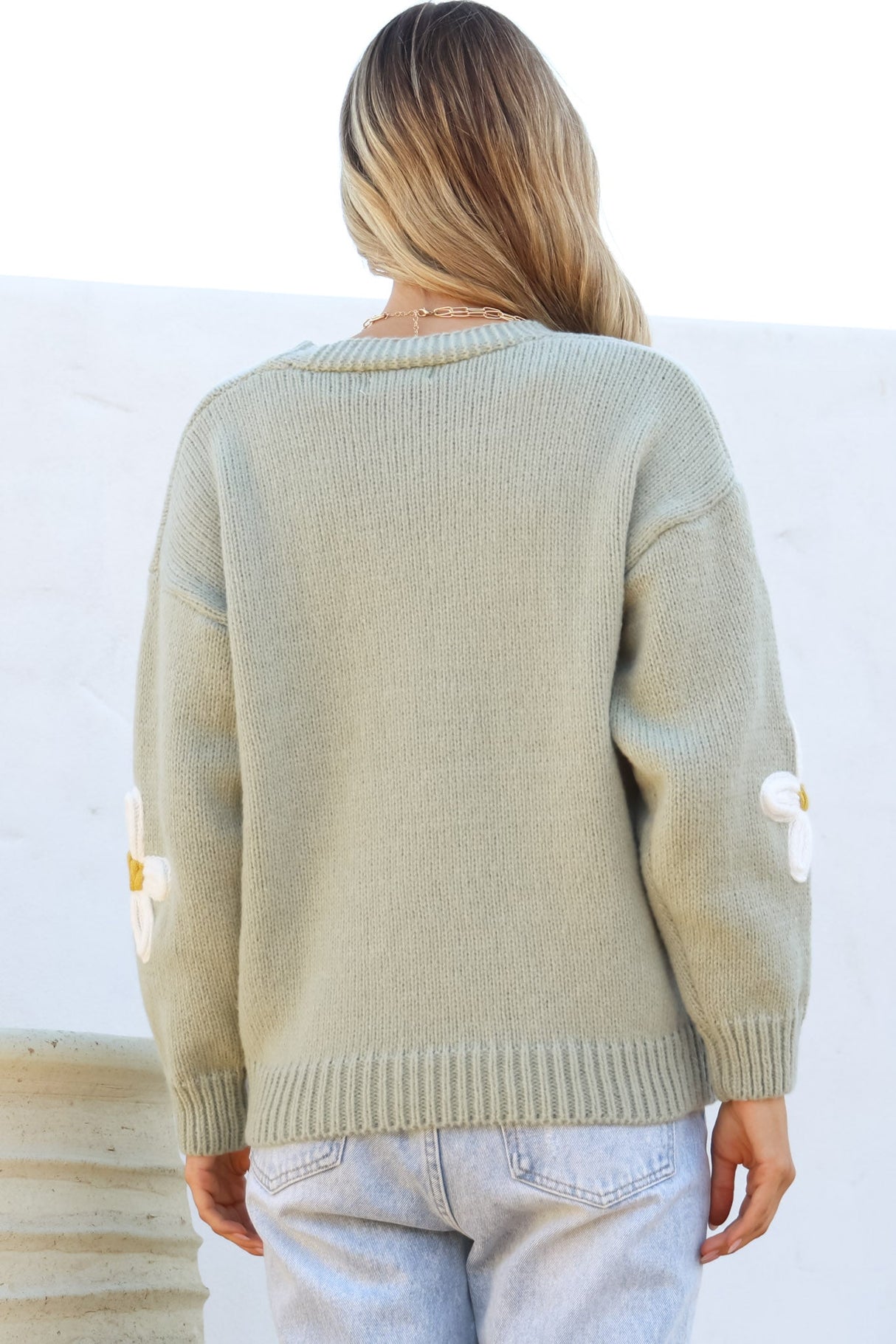 Daisy Belle Cardigan - Cropped Thick Knit Cardigan with Flower Decals in Sage