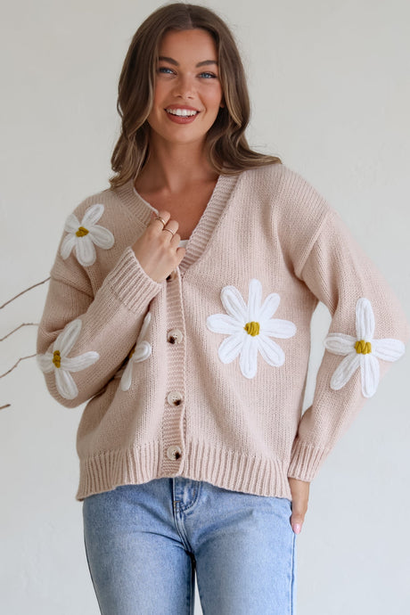 Daisy Belle Cardigan - Cropped Thick Knit Cardigan with Flower Decals in Beige