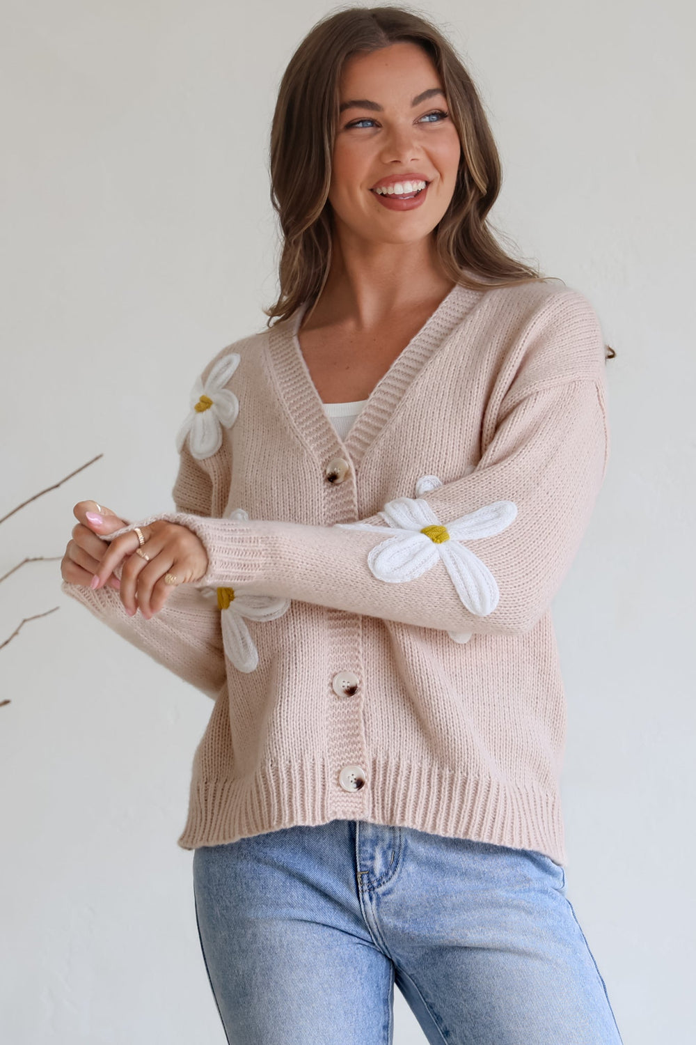 Daisy Belle Cardigan - Cropped Thick Knit Cardigan with Flower Decals in Beige