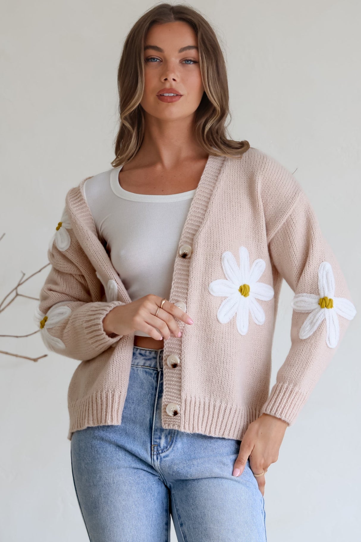 Daisy Belle Cardigan - Cropped Thick Knit Cardigan with Flower Decals in Beige