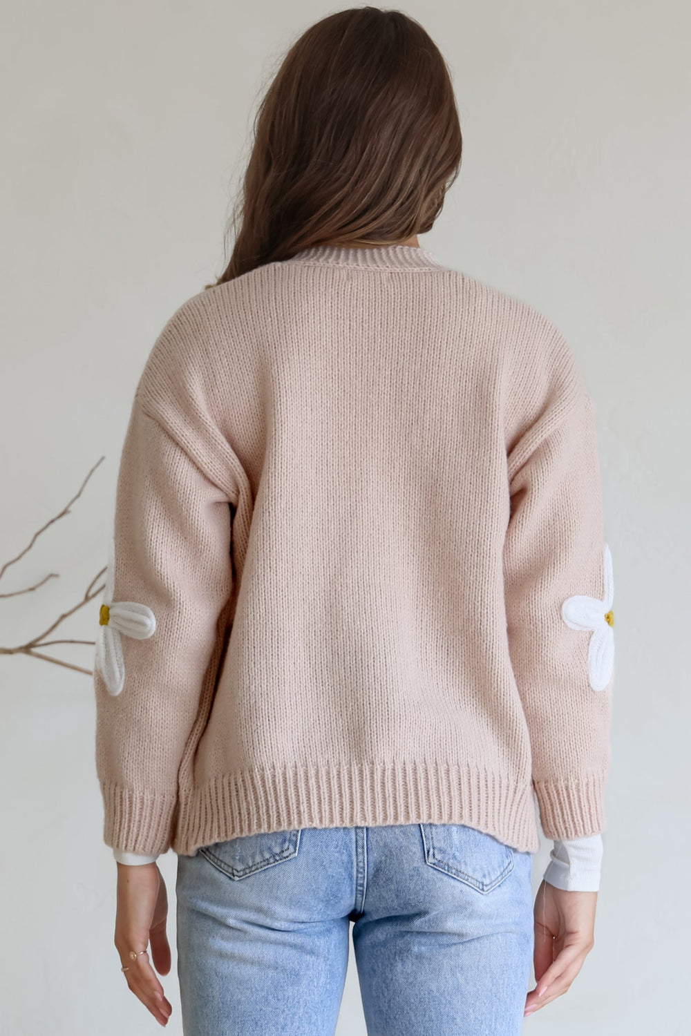 Daisy Belle Cardigan - Cropped Thick Knit Cardigan with Flower Decals in Beige