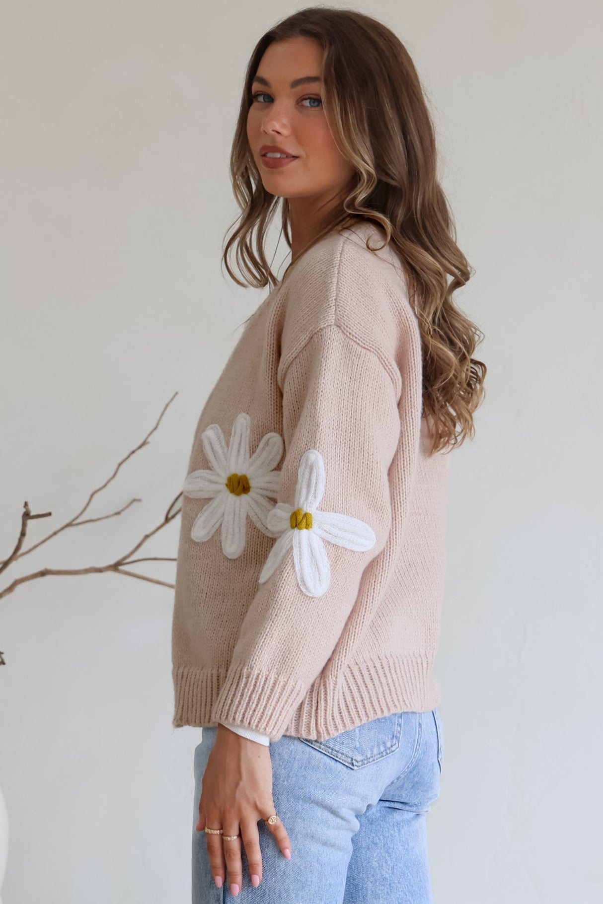 Daisy Belle Cardigan - Cropped Thick Knit Cardigan with Flower Decals in Beige