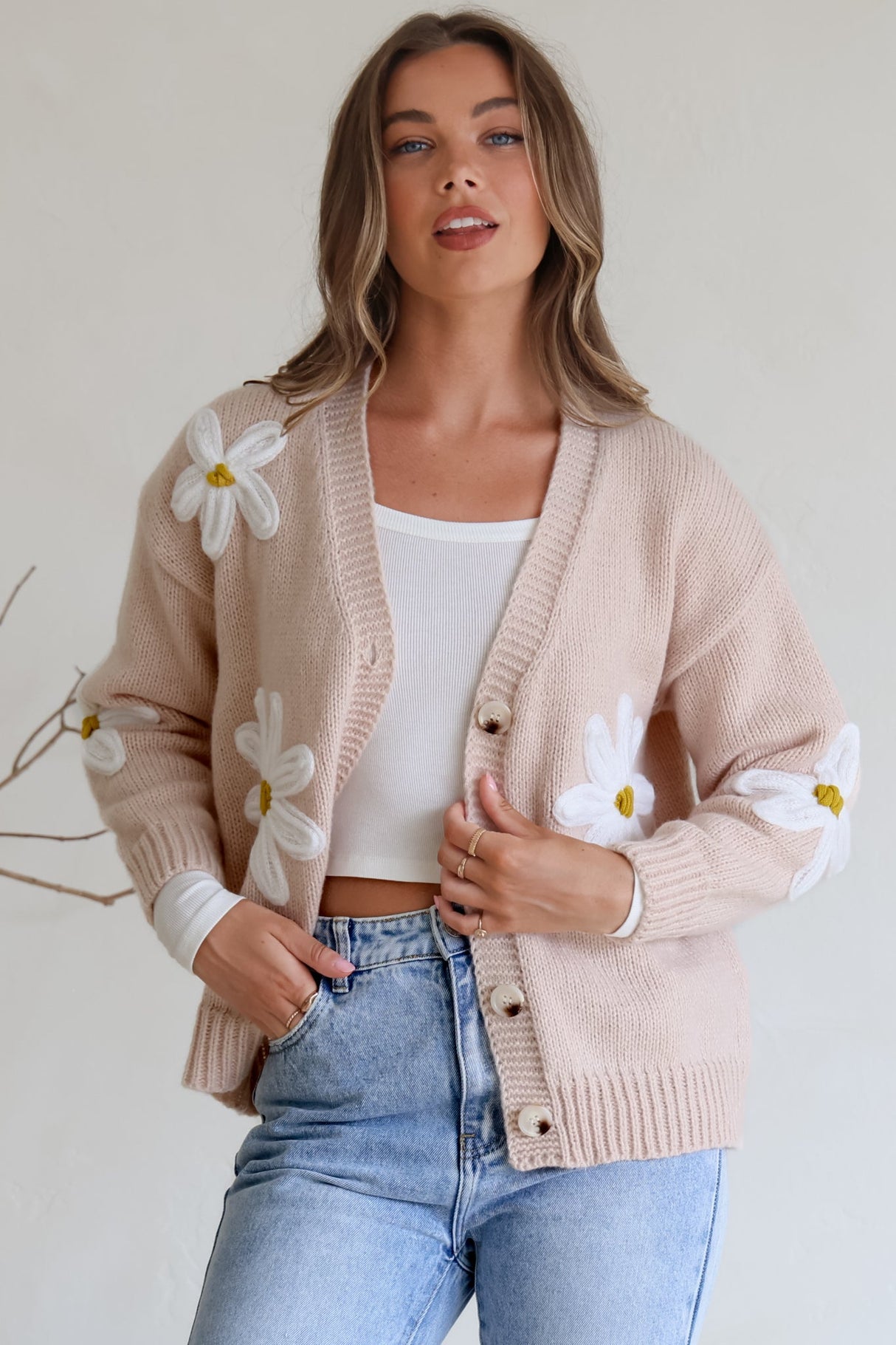 Daisy Belle Cardigan - Cropped Thick Knit Cardigan with Flower Decals in Beige
