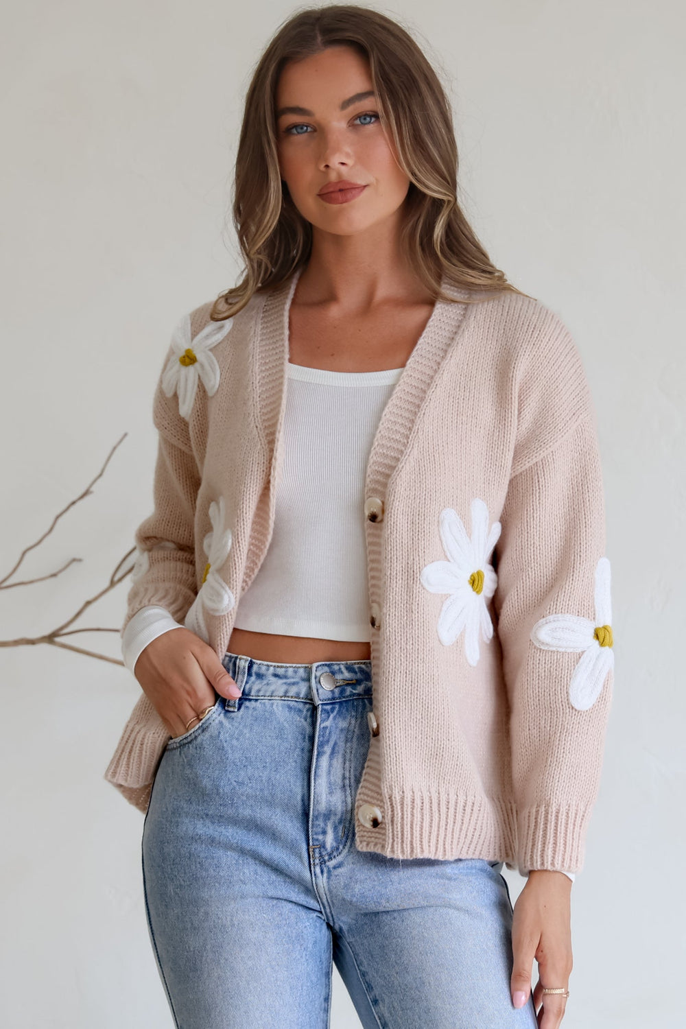 Daisy Belle Cardigan - Cropped Thick Knit Cardigan with Flower Decals in Beige