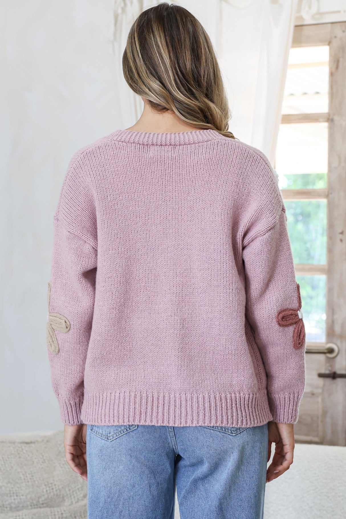 Daisy Belle Cardigan - Cropped Thick Knit Cardigan with Flower Decals in Light Mauve
